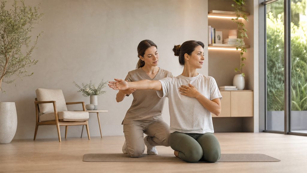 Fisioterapeuta a orientar um exercício terapêutico do ombro
