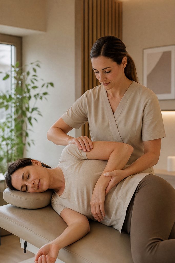 Fisioterapeuta a mobilizar o ombro de uma utente
